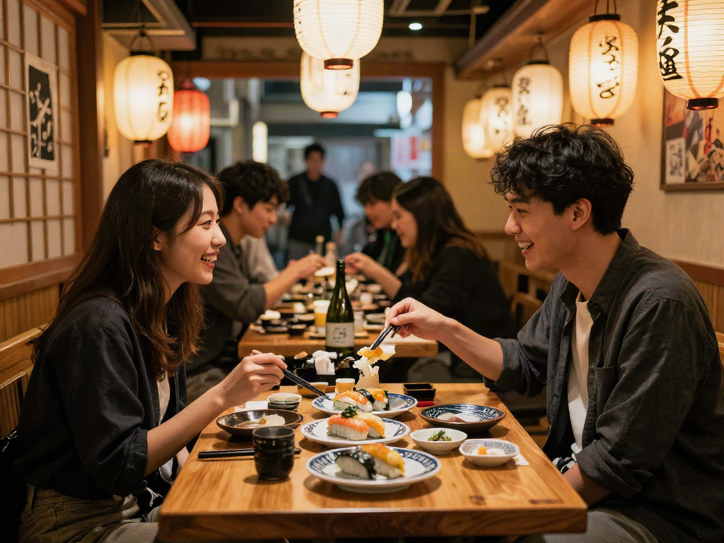 日本AV文化与现代居酒屋的浪漫夜晚,情侣共享寿司与清酒。