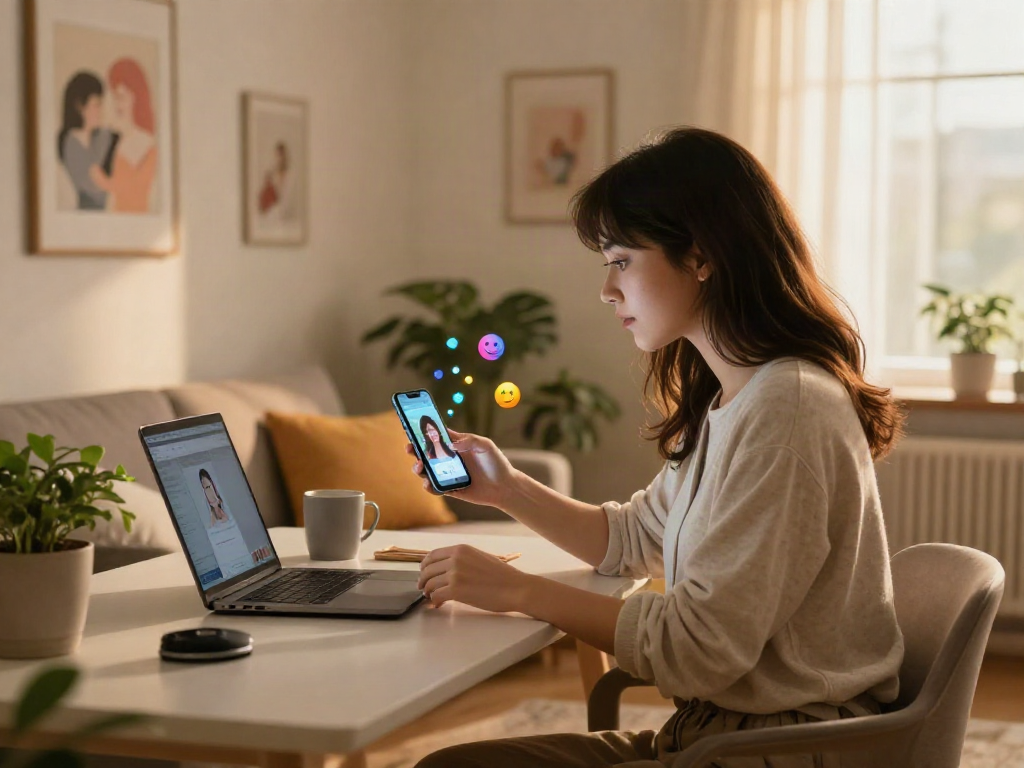 Young woman interacting with her girlfriend AI on smartphone, showcasing modern virtual companionship.